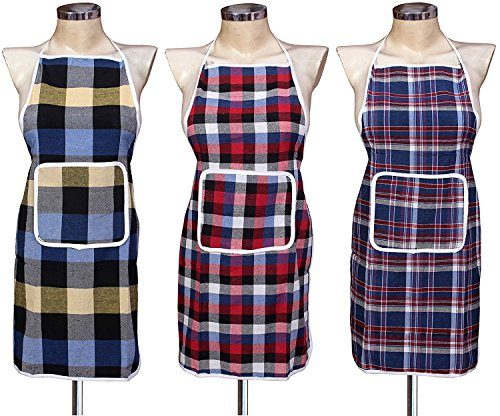 GLUN Waterproof Cotton Kitchen Apron with Front Pocket (Color May Vary) Set of 3